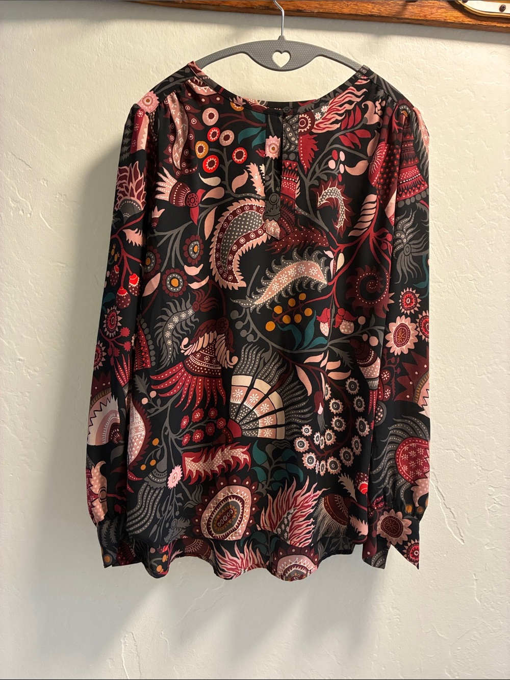 LOFT Black Floral Print Top with Pink and Red Accents Size Small